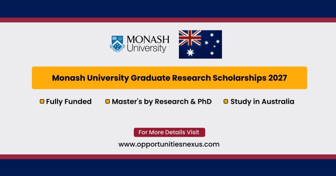 Monash University Graduate Research Scholarships 2027 banner highlighting fully funded Master's by Research and PhD scholarships for international students to study in Australia.