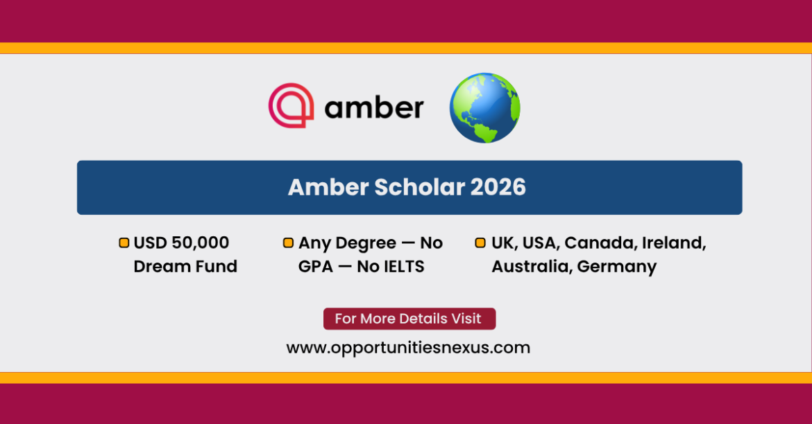 Amber Scholar 2026 USD 50000 Dream Fund no IELTS no GPA any nationality UK USA Canada Ireland Australia Germany deadline 31 January 2027